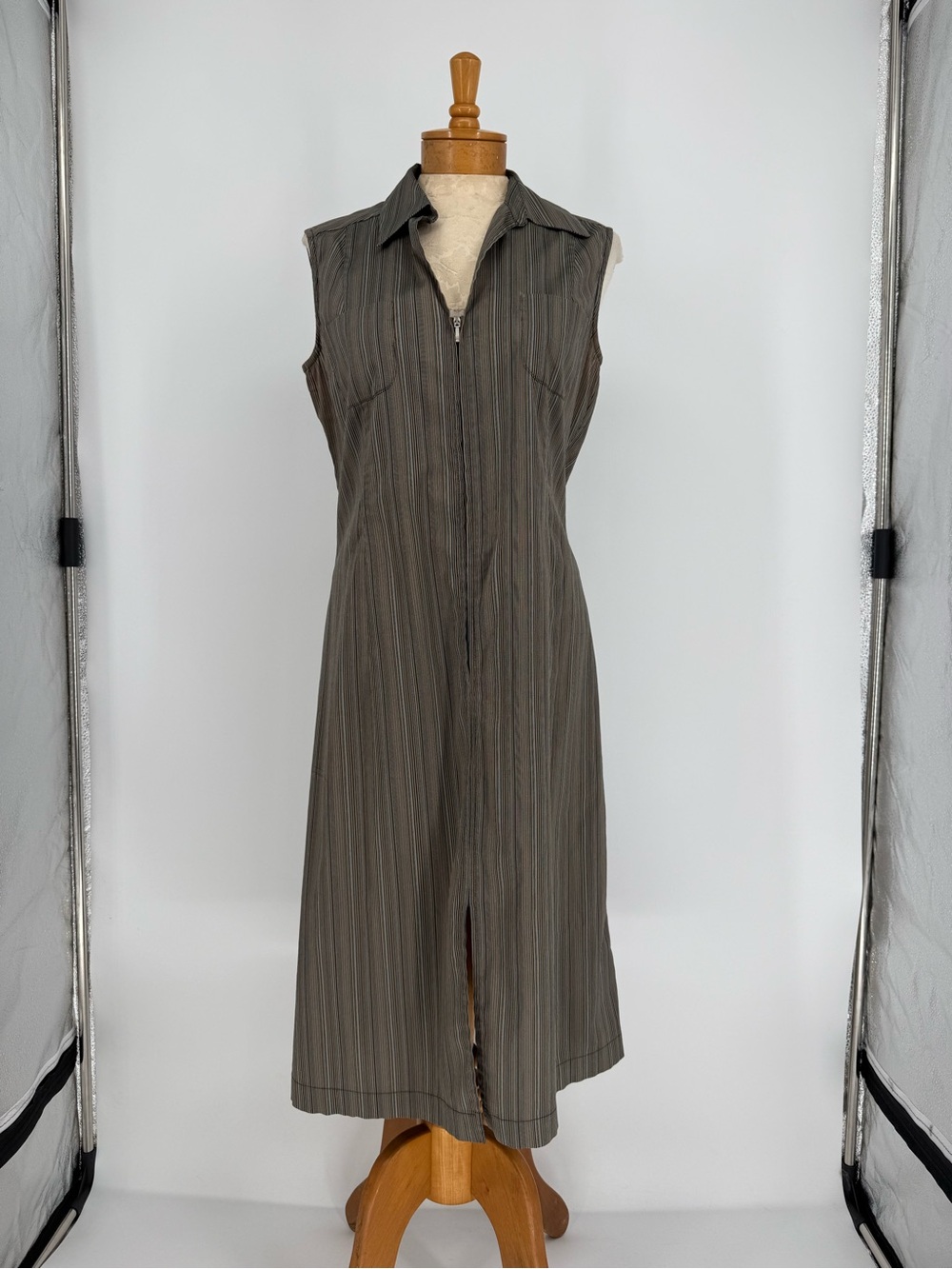 Piazza Sempione Sleeveless Grey Pinstripe Zip-Front Midi Dress size 46